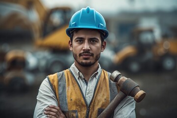 Construction worker wearing blue hard hat and yellow safety vest holding a hammer standing outdoors in front of construction vehicles with blurred background.