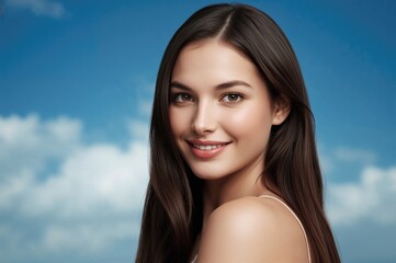 Portrait of young woman with long brunette hair smiling against clear blue sky with soft white clouds in background, demonstrating natural beauty and charm.