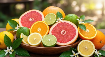 A vibrant assortment of citrus fruits, including oranges, limes, and grapefruits, arranged on a wooden plate with green leaves and white flowers, set against a blurred green background.