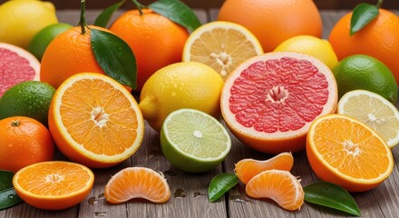 A vibrant assortment of citrus fruits, including oranges, lemons, limes, and grapefruits, arranged on a rustic wooden table with green leaves and a wooden background.