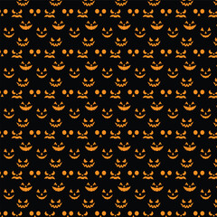 Halloween small pumpkin repeat pattern on dark background with glowing faces, perfect for wallpapers, textiles, wrapping paper, and creepy holiday design projects.