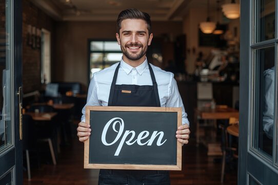 Smiling male waiter in apron holding chalkboard sign displaying Open at the entrance of a modern cafe with wooden decor and cozy atmosphere