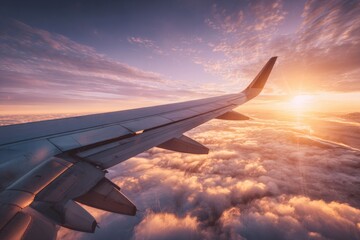 Fototapeta premium Airplane wing soaring above a sea of clouds at sunset, bathed in golden light