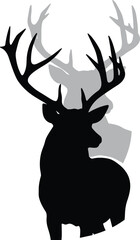 Silhouette of majestic deer with large antlers and shadow reflection, wildlife forest animal illustration for nature, hunting and outdoor design