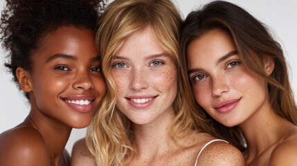 Three smiling young women with different skin tones standing together in a studio on white background. Glowing skin and healthy teeth. African, Caucasian, Latina descent. Generative AI
