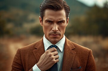 Man adjusting a tie while wearing a brown suit in an outdoor setting with a blurred natural background featuring soft colors and textures.