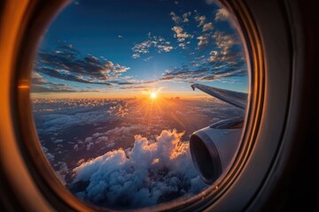 Fototapeta premium Airplane window view of a vibrant sunrise above fluffy clouds and part of the wing