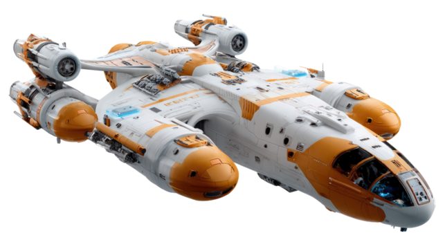 Futuristic Spaceship: A detailed model of a spaceship with a sleek, futuristic design, exuding a sense of technological advancement and interstellar travel. 