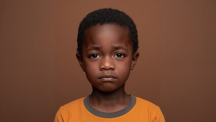 Portrait of a young boy approximately 5 to 6 years old with a sad expression, facing the camera against a solid brown background, wearing an orange shirt with gray accents.