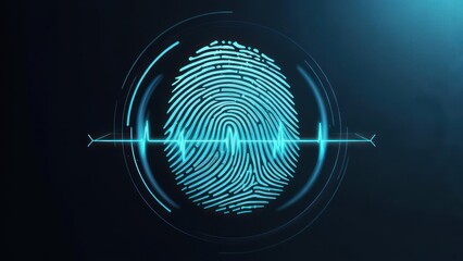 A digital fingerprint scan with glowing blue lines and a dark background, representing security