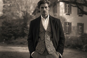 Man in vintage black and white attire featuring a patterned vest and tailored trousers standing outdoors with a blurred historical building in the background.