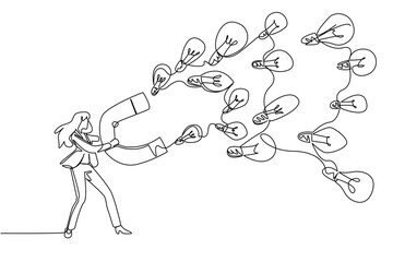 Single continuous line drawing a businesswoman holds a large magnet attracting various sized light bulbs. Attracting many creative ideas. National Creativity Day. One line design vector illustration