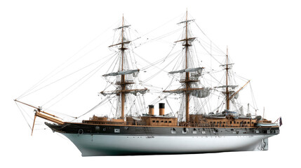 Fototapeta premium Naval Voyage: The meticulously crafted sailing ship cuts through the sea, its grand masts reaching towards the heavens, exuding historical grandeur and nautical adventure.