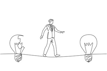 Single continuous line drawing a businessman walks on tightrope from broken lightbulb to a whole lightbulb. Towards improvement. Solution. National Creativity Day. One line design vector illustration