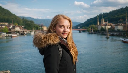 Fototapeta premium Young woman with long blonde hair wearing black coat with fur collar standing by the Danube River with scenic views of hills and buildings in the background