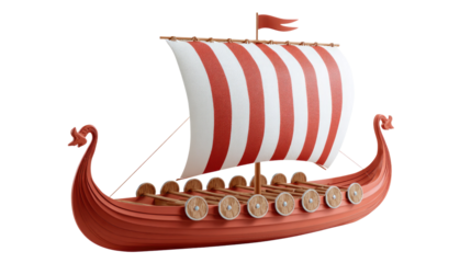 Viking Ship's Journey: A vibrant depiction of a classic Viking ship sailing proudly on the sea. Featuring the symbolic wooden oars and a grand sail, it represents exploration and adventure. 