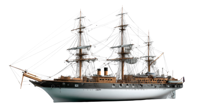 Naval Voyage: The meticulously crafted sailing ship cuts through the sea, its grand masts reaching towards the heavens, exuding historical grandeur and nautical adventure.