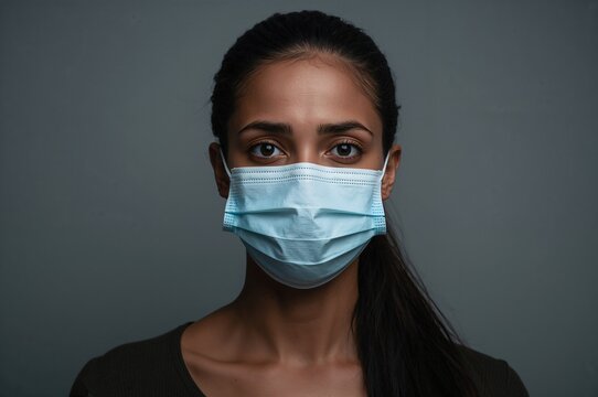 Close-up portrait of a woman wearing a medical face mask illustrating health safety measures against respiratory viruses and COVID-19 precautions. - Powered by Adobe