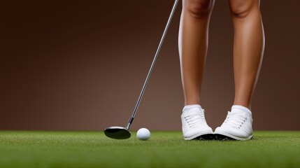 Female golfer preparing putt on green with golf ball and club