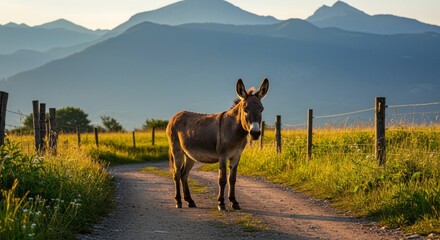 Obraz premium Donkey standing on farmland, symbol of hard work, endurance, and rural life, often associated with agriculture, transport, and countryside nature.
