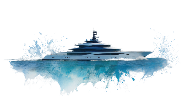 Luxury Yacht on the Open Water: A sleek, opulent yacht cuts through the crystal-clear waters, a symbol of luxury and adventure on the open sea, inviting viewers to dream of exploration and elegance.