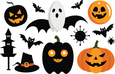 Festive halloween elements collection featuring pumpkins ghosts bats and spooky icons vector art