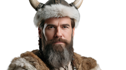 Viking's Portrait: A close-up shot of a man clad in the traditional garb of a Viking, sporting a long, dense beard and intense, discerning eyes.