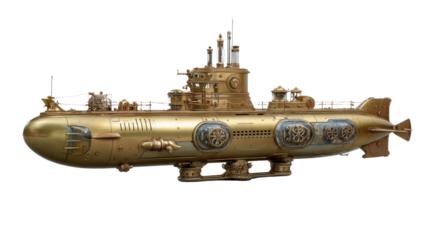 Steampunk Submarine: A unique, meticulously crafted steampunk submarine, a testament to intricate engineering and Victorian-era aesthetics, poised for exploration.