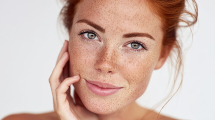 Young caucasian woman with curly brown hair and freckles applying green cream to her face with fingers. Healthy glowing skin. Generative AI