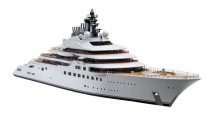 Luxury Yacht: A modern, multi-deck luxury yacht cuts through the water, radiating elegance and sophistication, symbolizing opulence and the pinnacle of nautical design.