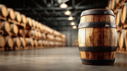 Whiskey Barrel: A single, richly detailed whiskey barrel stands prominently amidst a cellar filled with aged barrels, showcasing the tradition of craftsmanship and timeless aging.