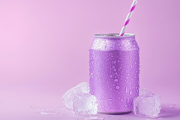 Cold purple soda can with striped straw and melting ice cubes on pastel background, refreshing drink concept suitable for beverage ads, packaging design, and branding visuals