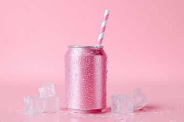 Cold pink soda can with striped straw and melting ice cubes on pastel background, refreshing drink concept perfect for summer beverage ads, product design, and branding