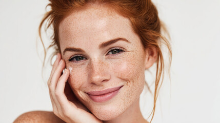 Young caucasian woman with curly brown hair and freckles applying green cream to her face with fingers. Healthy glowing skin. Generative AI