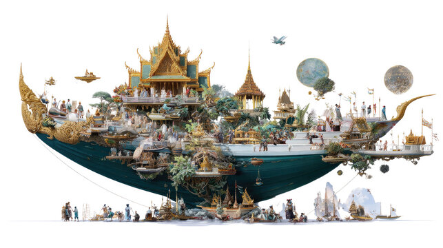 Celestial Temple Journey: An intricately designed temple, seemingly floating through the cosmos. The artwork blends architectural marvels, with a sense of wonder and spiritual exploration.