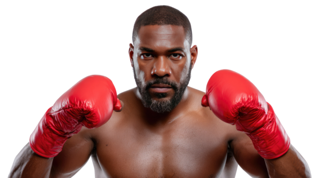 The Boxer's Gaze: A muscular boxer in boxing gloves stands poised and ready, his focused eyes convey unwavering determination and anticipation, showcasing strength and grit.