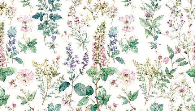 Delicate floral pattern with various pastel-colored flowers and foliage on a white background
