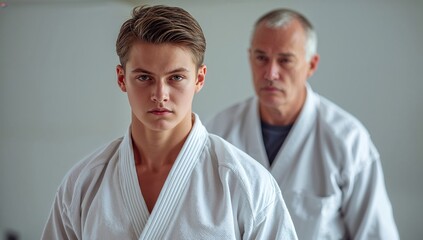 Teenage martial arts athlete preparing for training in karate or judo with a personal coach in a focused and determined expression during a practice session.