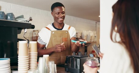 Happy man, payment or service in cafe with customer, professional or order for drink. Barista, sale or female person in coffee shop with digital transaction, scan and beverage for small business. - Powered by Adobe