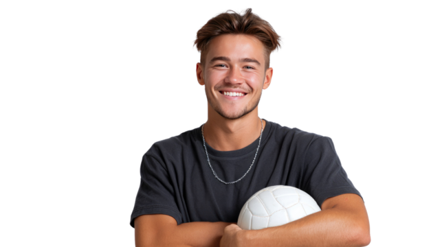Athlete's Pride: Confident volleyball player, holding the ball with a beaming smile, embodies athleticism, and the spirit of competition. 