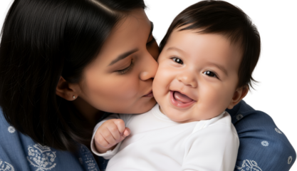 Mother gently kisses her happy baby's cheek showcasing a moment of tender connection and familial love family parenting child infant affection care bonding