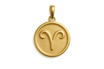 Aries zodiac sign gold pendant isolated on transparent background, astrology
