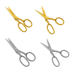 Set of golden and silver scissors on white background