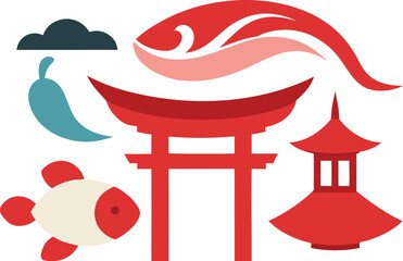 Japanese traditional elements bundle vector art scalable illustration eps icon set