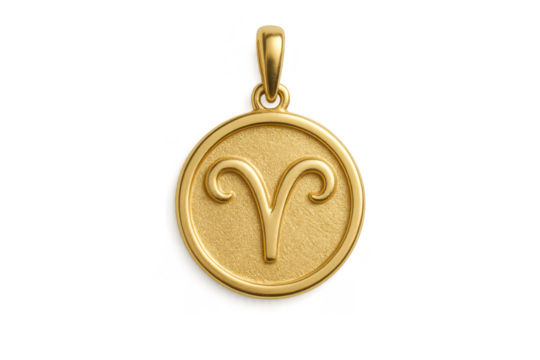 Aries zodiac sign gold pendant isolated on transparent background, astrology