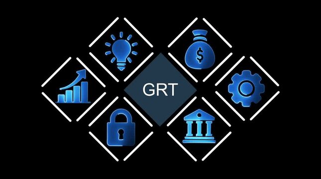 G R T business growth strategy icons financial success security innovation and progress concept blue neon glow on black background