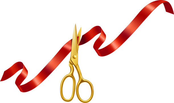 Golden scissors cutting red ribbon on white background