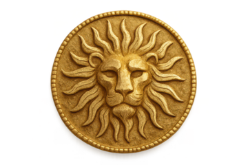 Golden lion head coin, isolated on transparent background, symbol of power