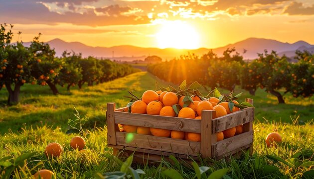 Orange orchard at sunset, wooden crate with oranges on the green grass field - Powered by Adobe