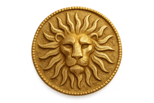 Golden lion head coin, isolated on transparent background, symbol of power